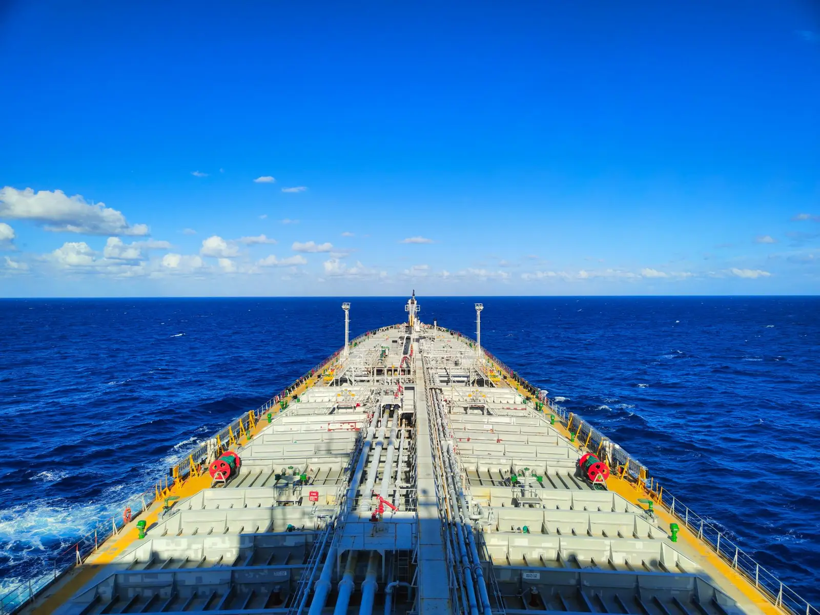Large oil tanker under way at sea, seen from the bridge