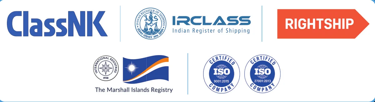Approvals: ClassNK, IRClass, RightShip, Marshall Islands Registry, ISO 9001:2015, ISO 27001