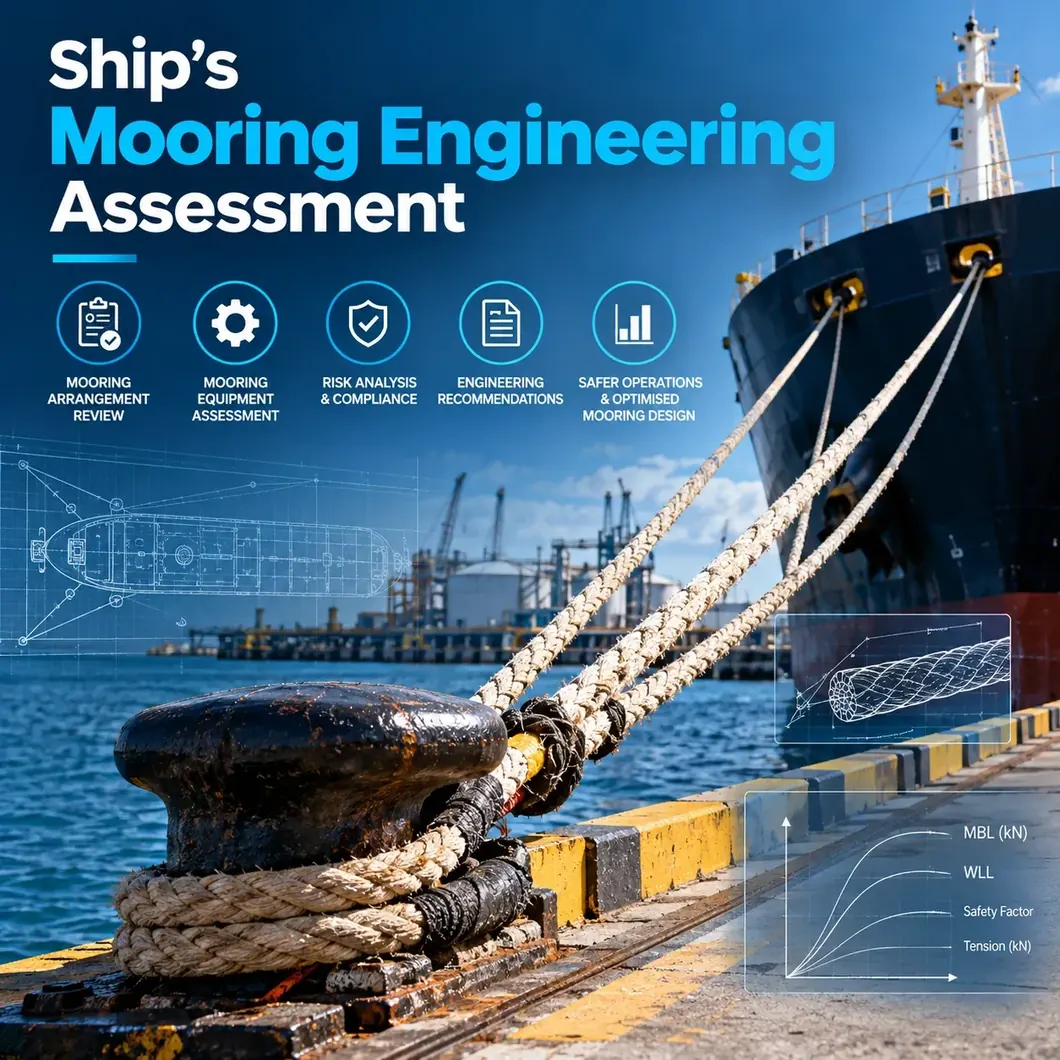 Ship's mooring engineering assessment: mooring lines from a ship's bow to a quay bollard