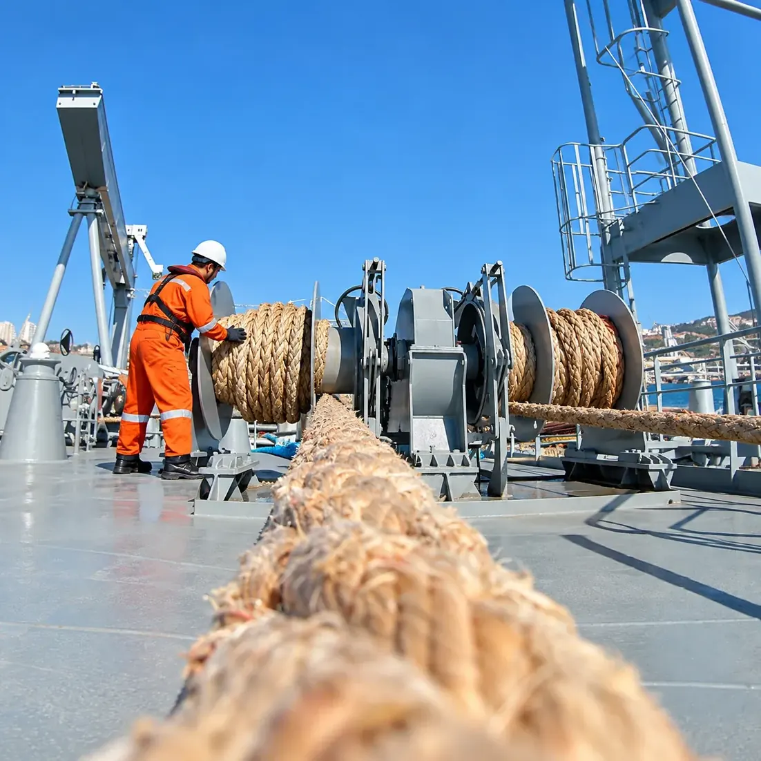 Crew member in PPE checking mooring rope on a ship's mooring winch